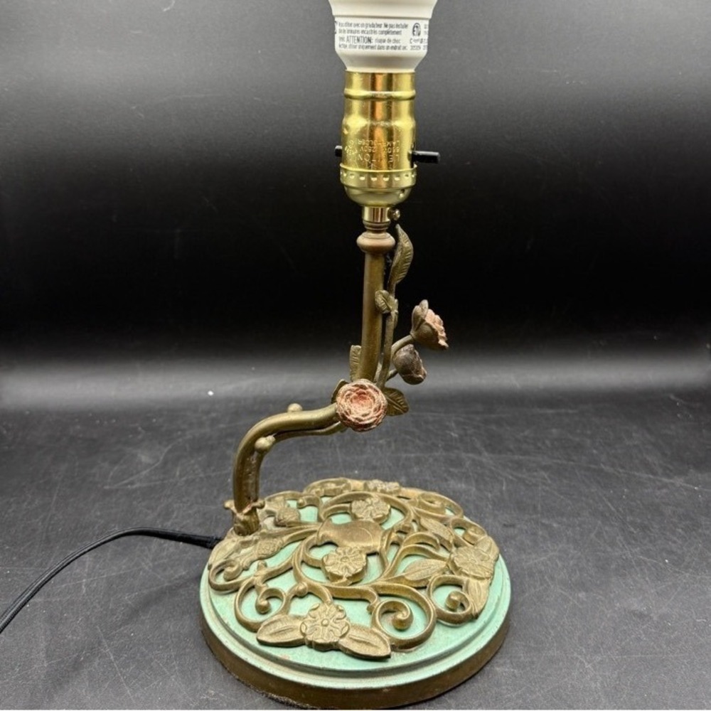 Vintage Art Deco Brass Green Rose Table Lamp Home Fairy Floral Verdigris Cottage - Picture 7 of 12
